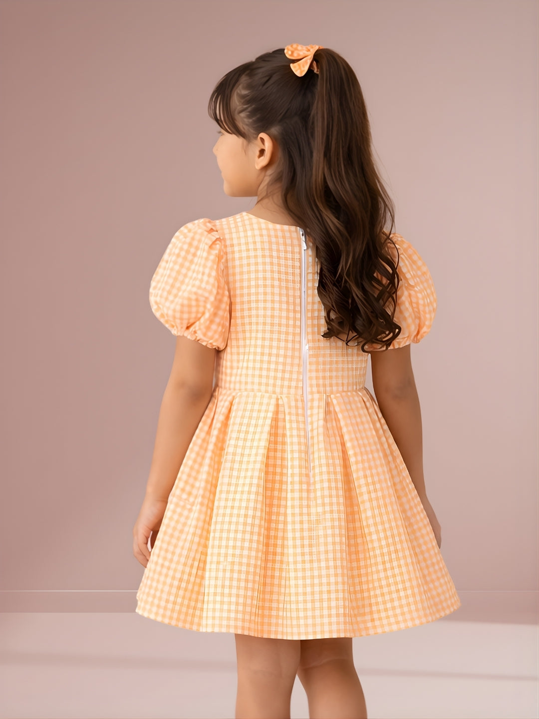 Girls Designer Check Print Short Sleeve Dress With Bow