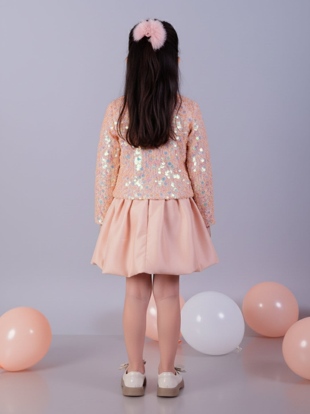 Girls Full Sleeve Sequin Jacket And Balloon Skirt