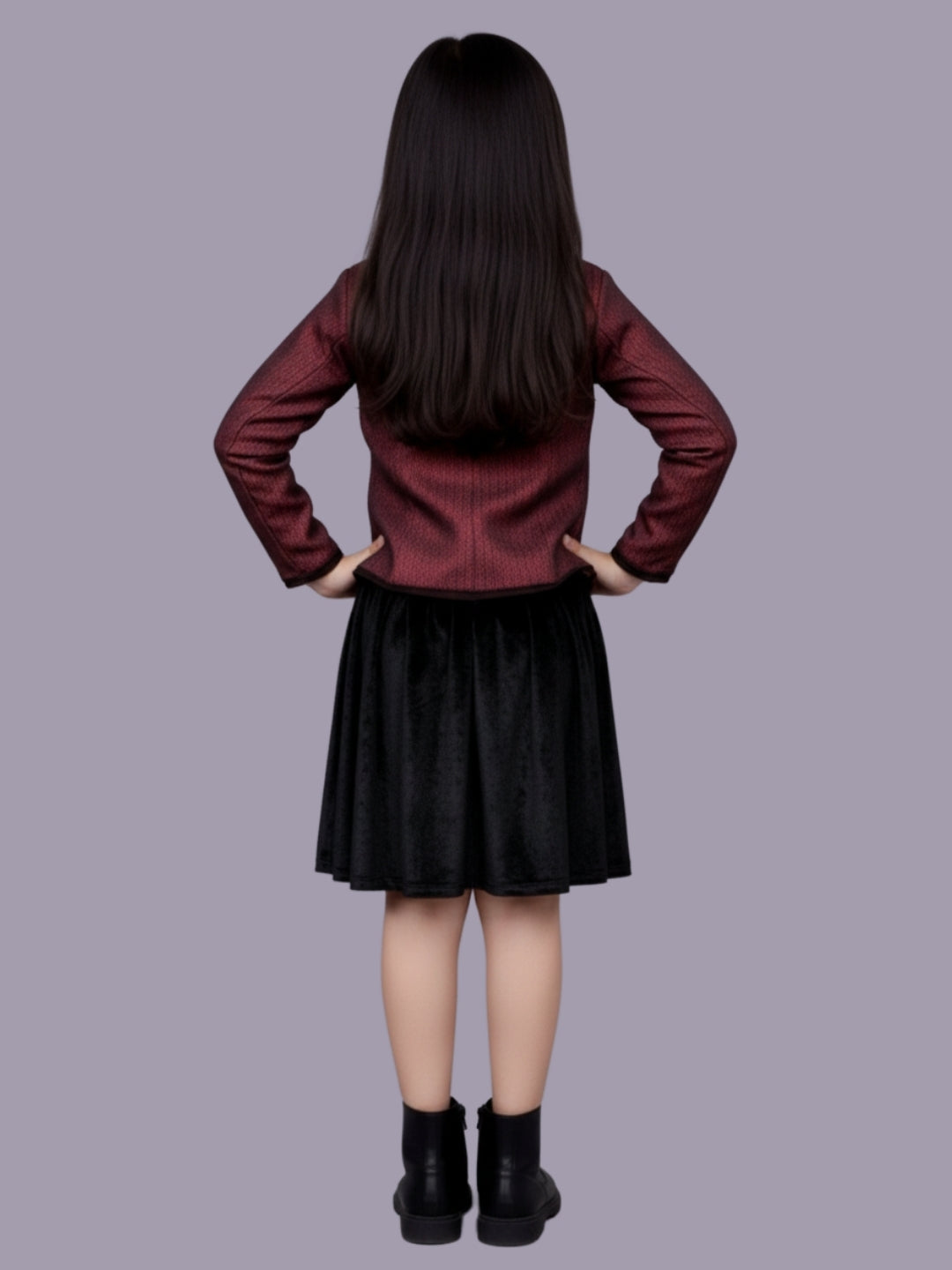 Girls Party Wear Jacquard Full Sleeve Jacket With Velvet Skirt And Top