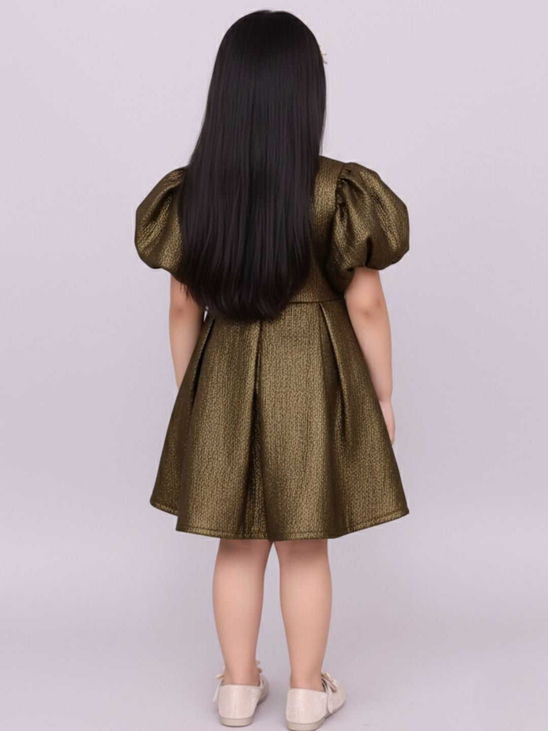 Girls Jacquard Puff Sleeve Solid Occasion Wear Dress