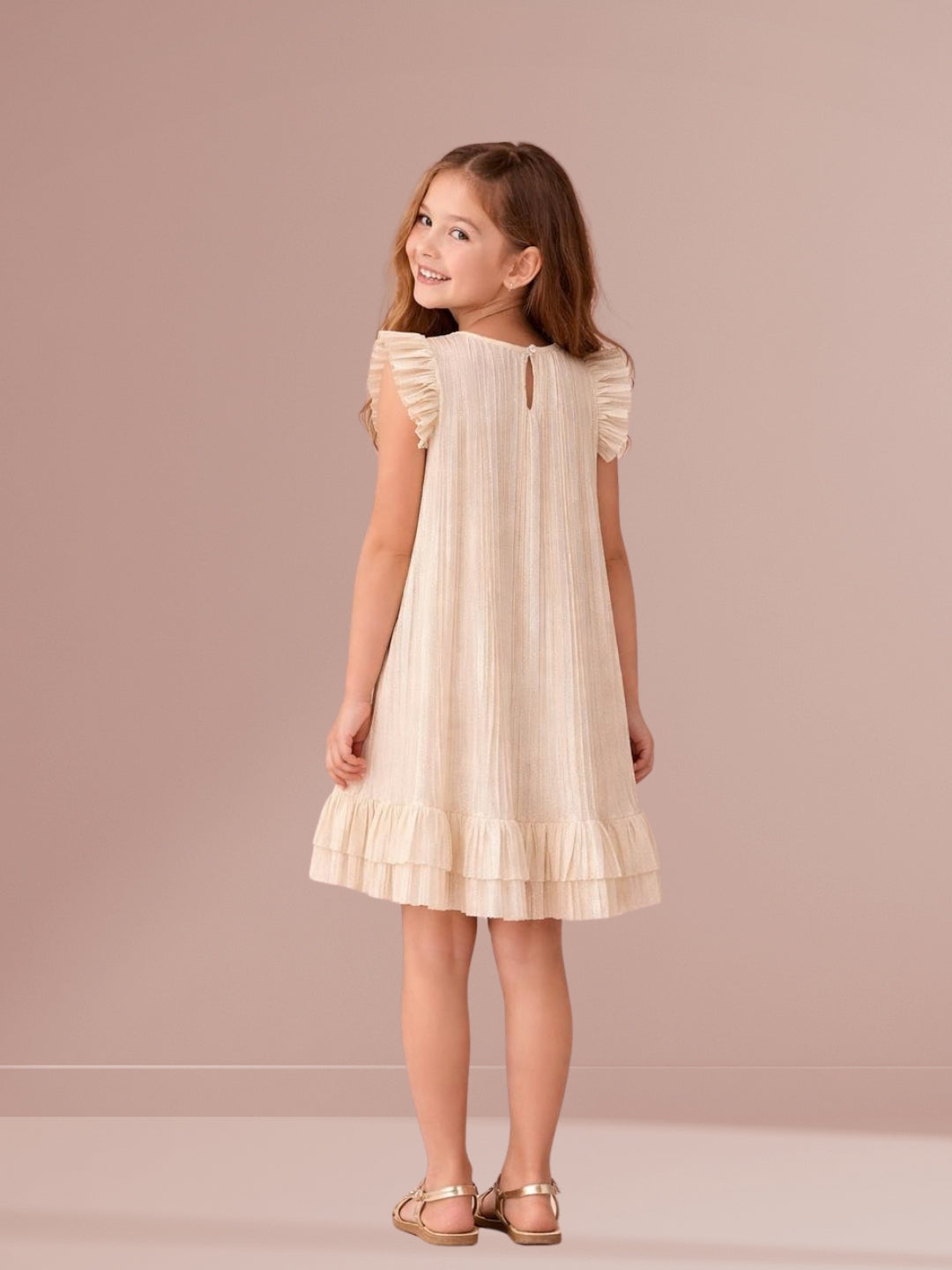 Girls Poly Knit Pleated Sleeveless Solid Dress