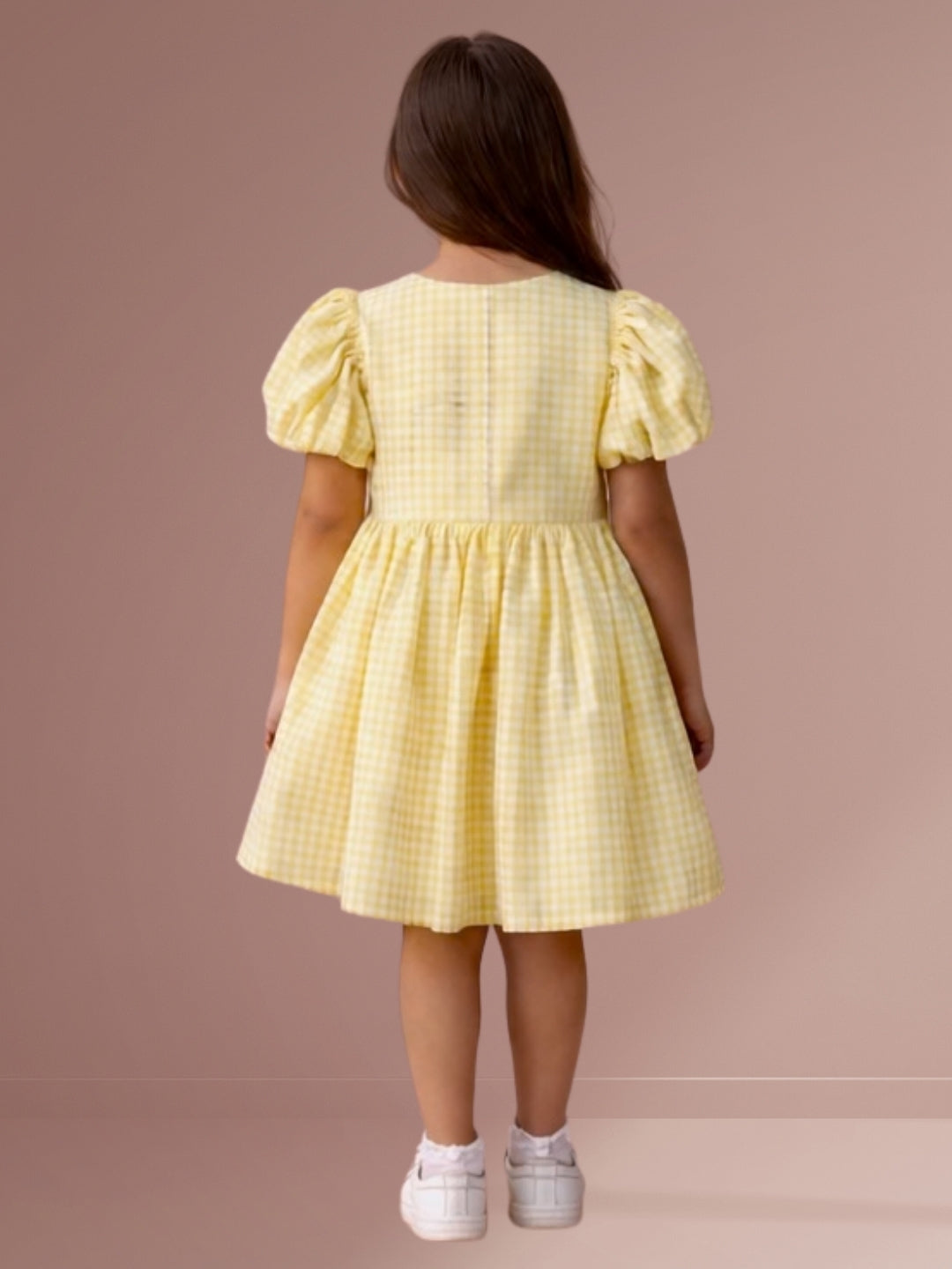 Girls Cotton Short Sleeve Check Print Bow Dress
