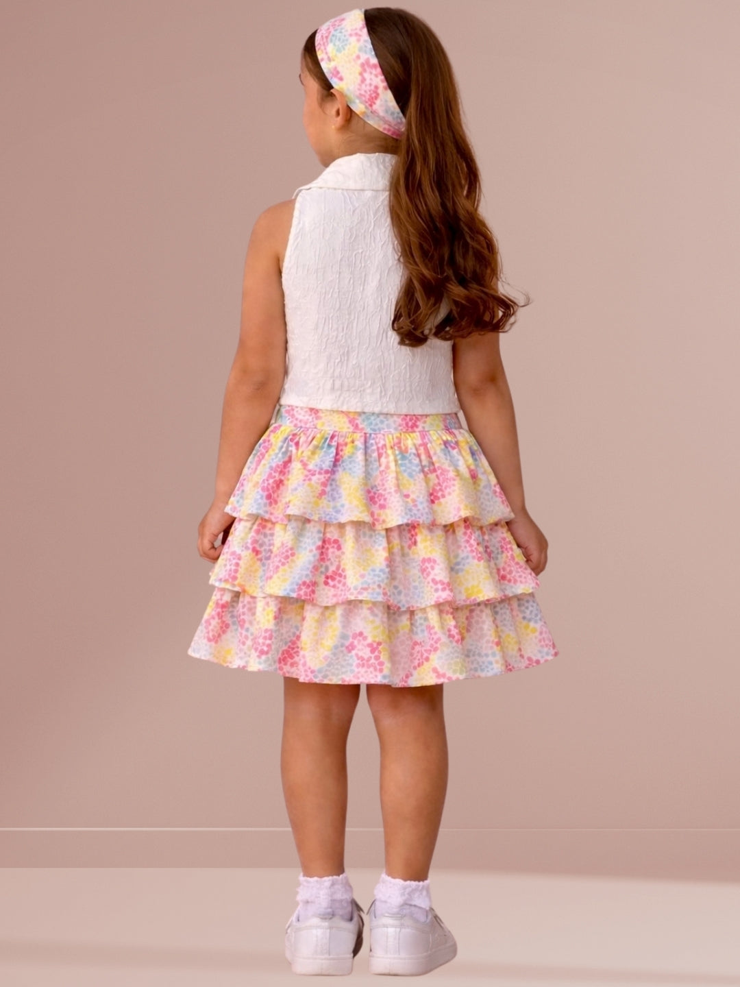 Girls Cotton Sleeveless Top With Layered Printed Skirt