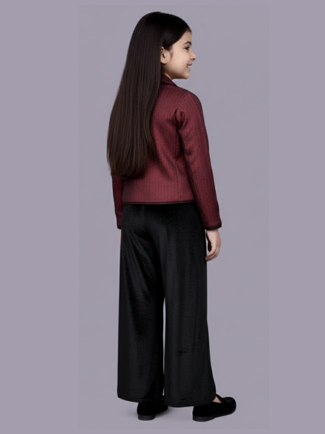 Girls Stylish Jacquard Jacket With Velvet Trousers
