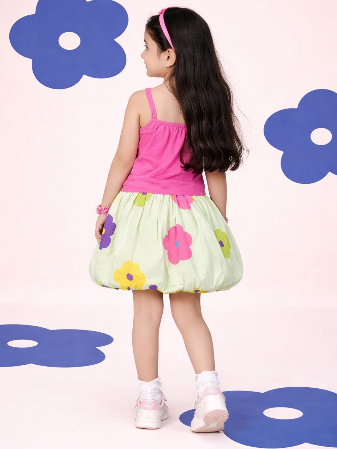 Girls Cotton Sleeveless Top With Printed Skirt