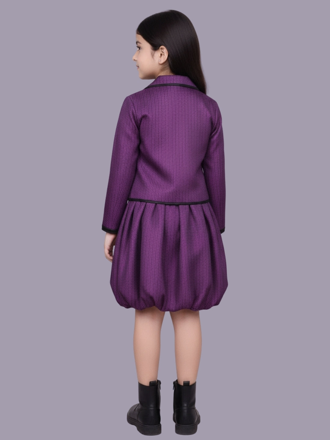Girls Jacquard Full Sleeve Solid Jacket And Skirt Set