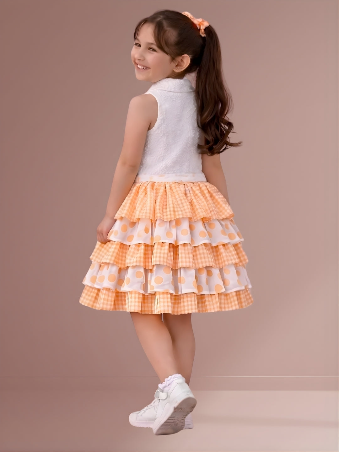 Girls Designer Sleeveless Top With Printed Layered Skirt