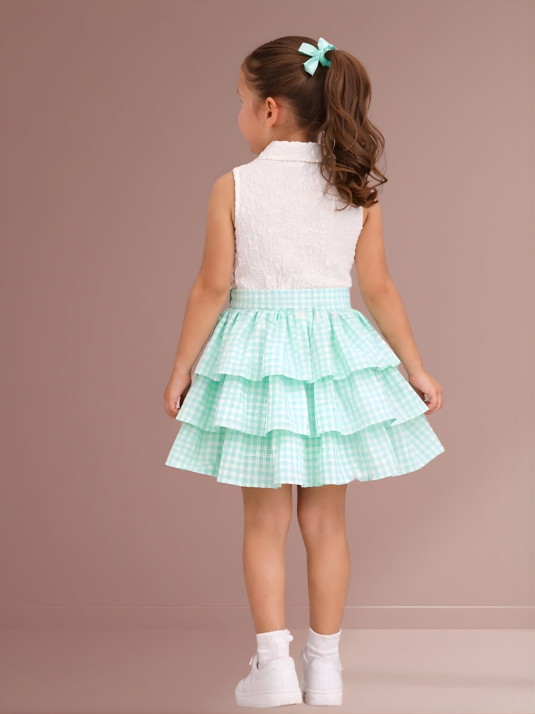 Girls Designer Sleeveless Top With Layered Print Skirt