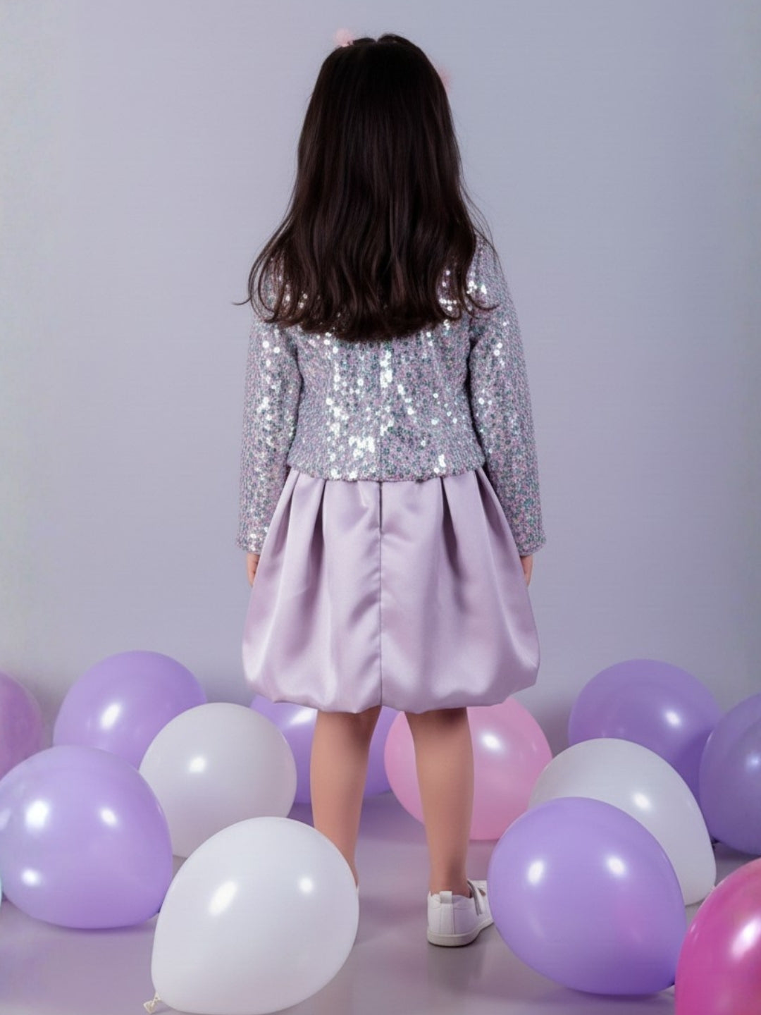 Kids Sequins Jacket With Solid Balloon Skirt Set