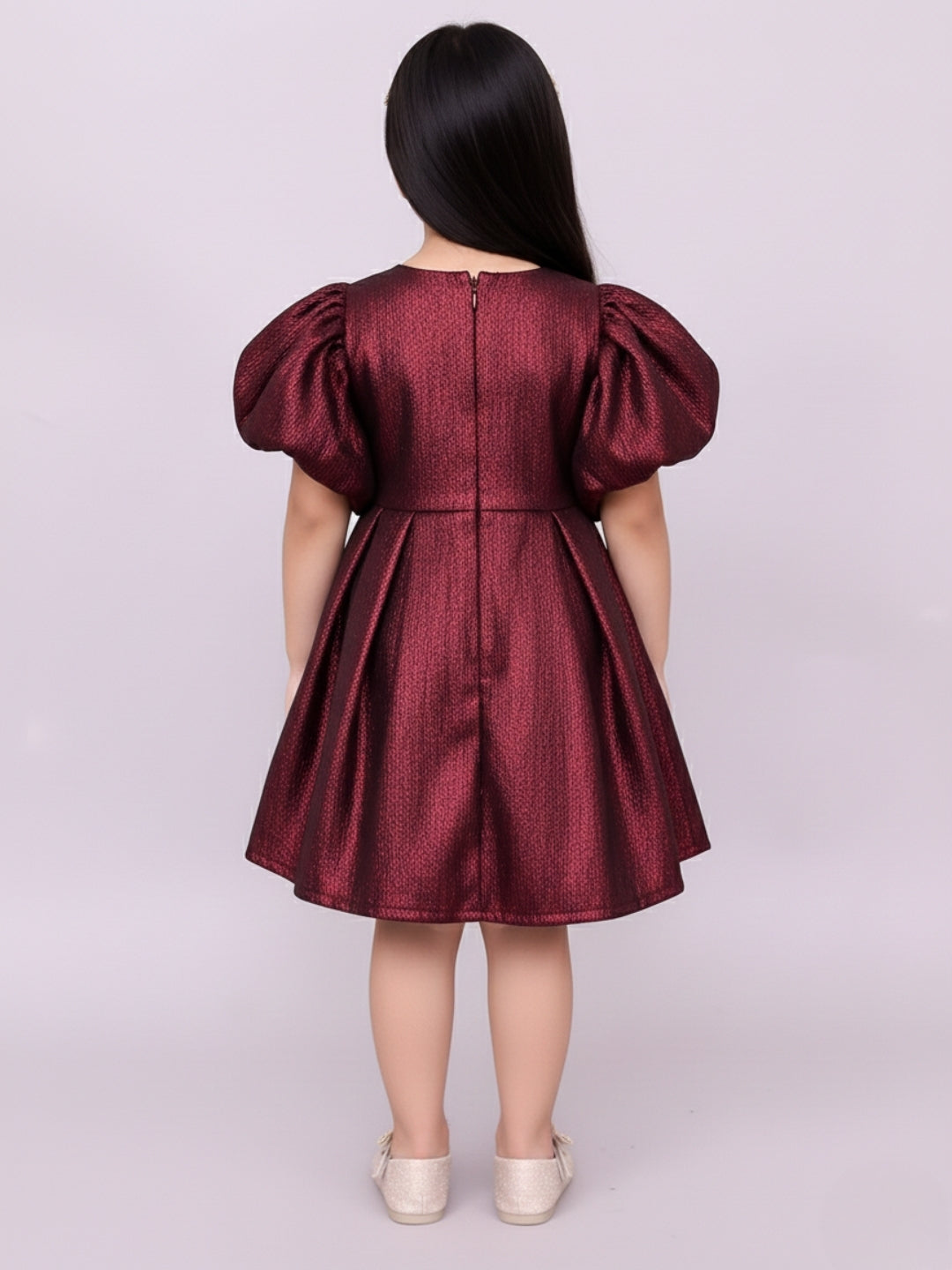 Girls Charming Jacquard Puff Sleeves Designer Dress