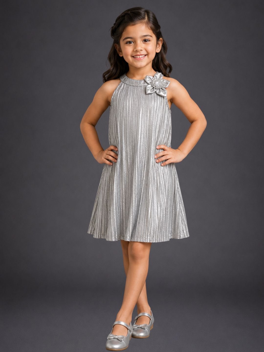 Girls Poly Knit Pleated Solid Dress With 3D Flower