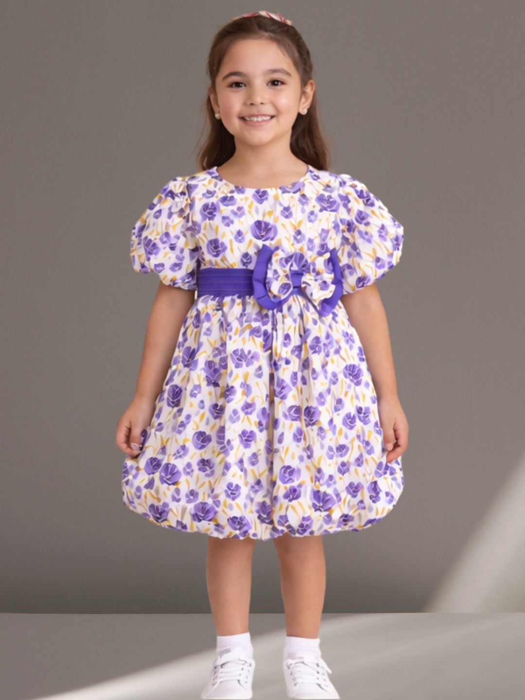 Trendy Girls Cotton Printed Casual Dress With Bow