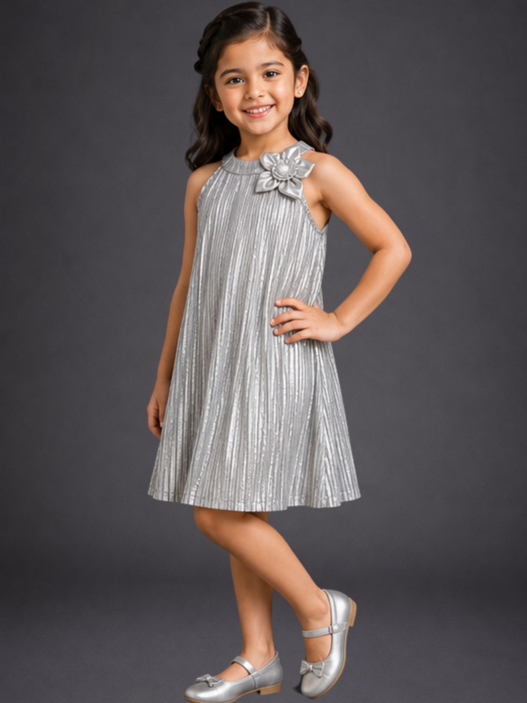 Girls Poly Knit Pleated Solid Dress With 3D Flower