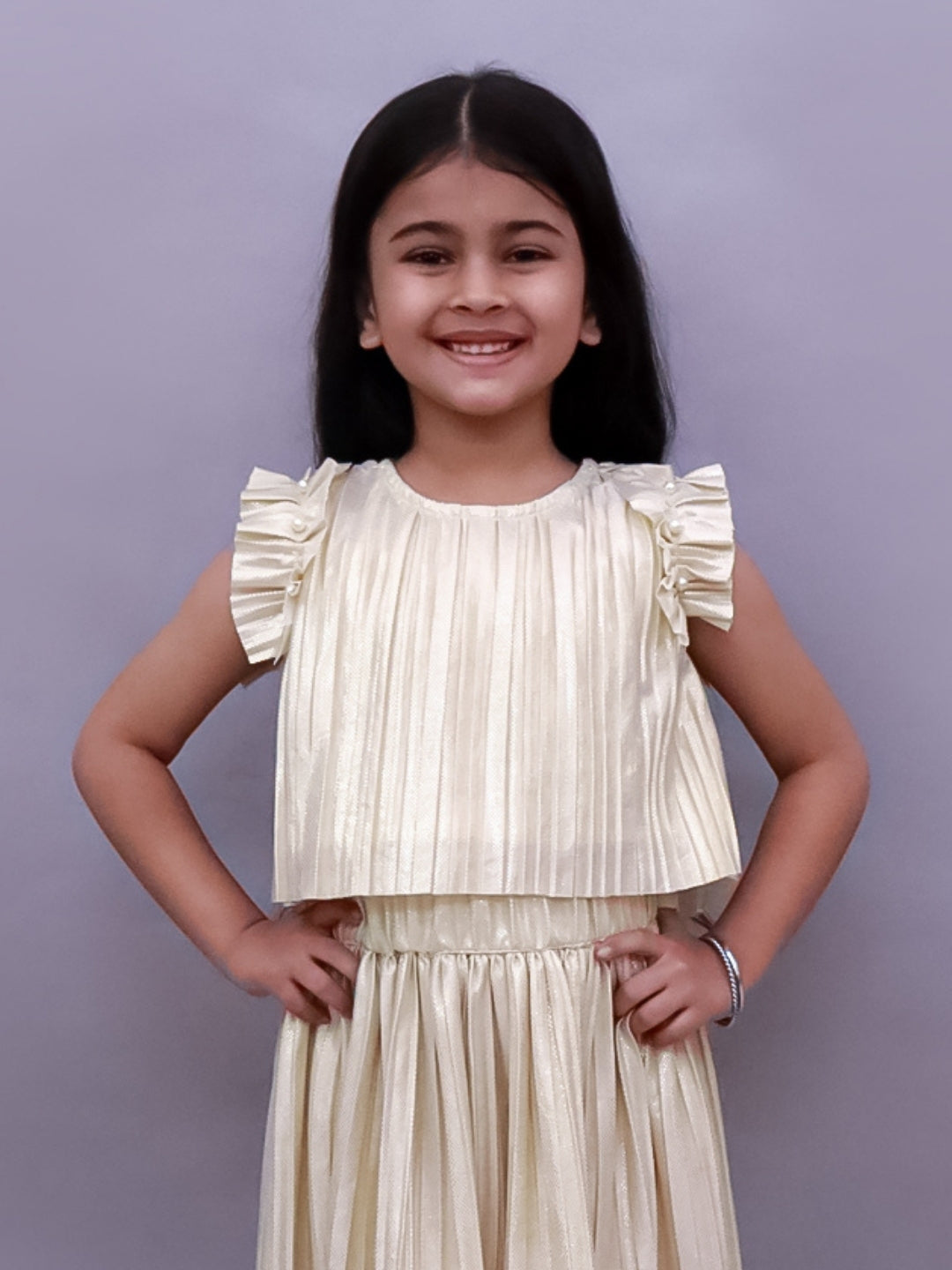 Girls Stylish Frill Sleeve Pleated Knit Top