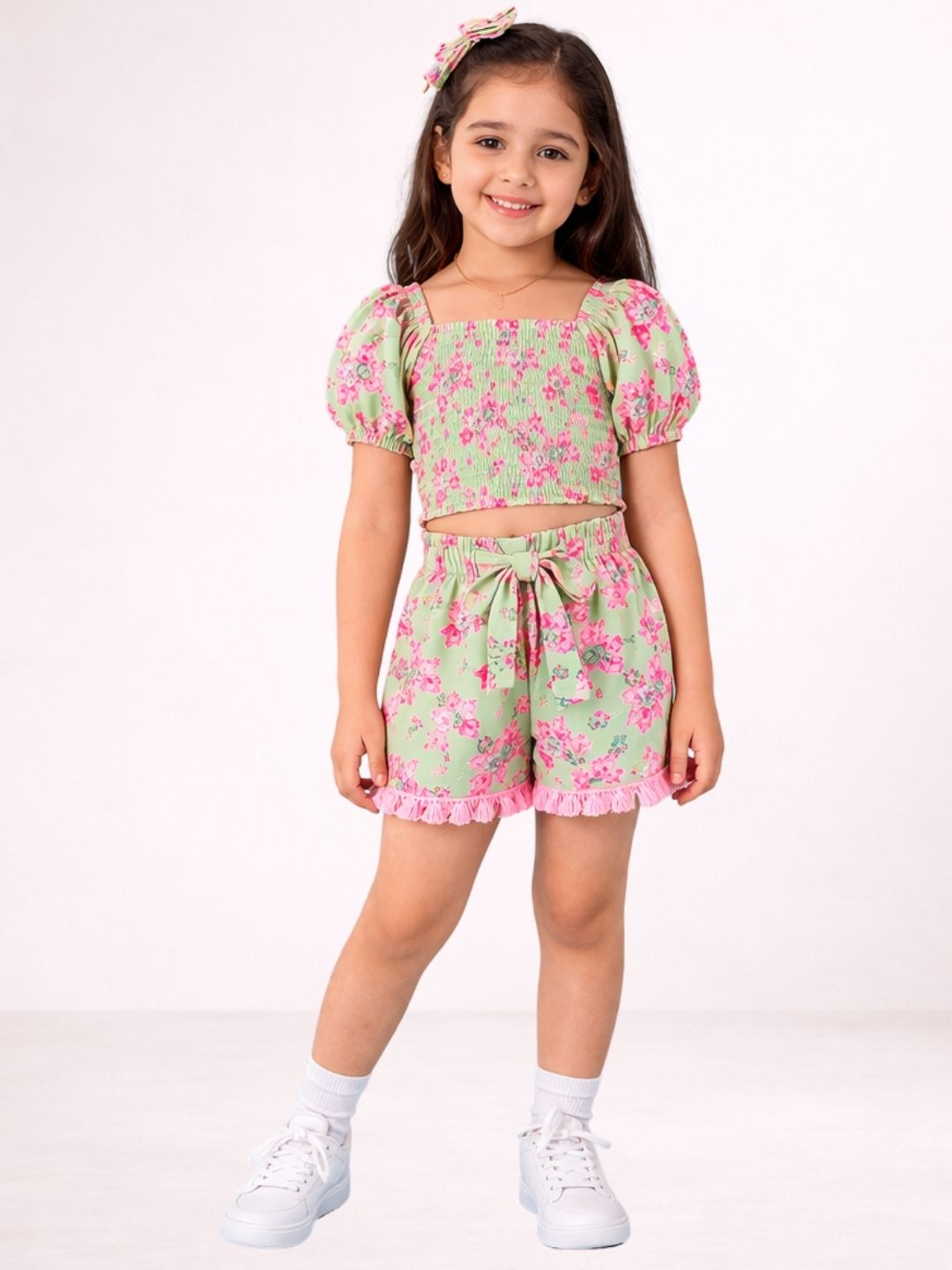 Kids Rayon Printed Puff Sleeve Crop Top With Pant