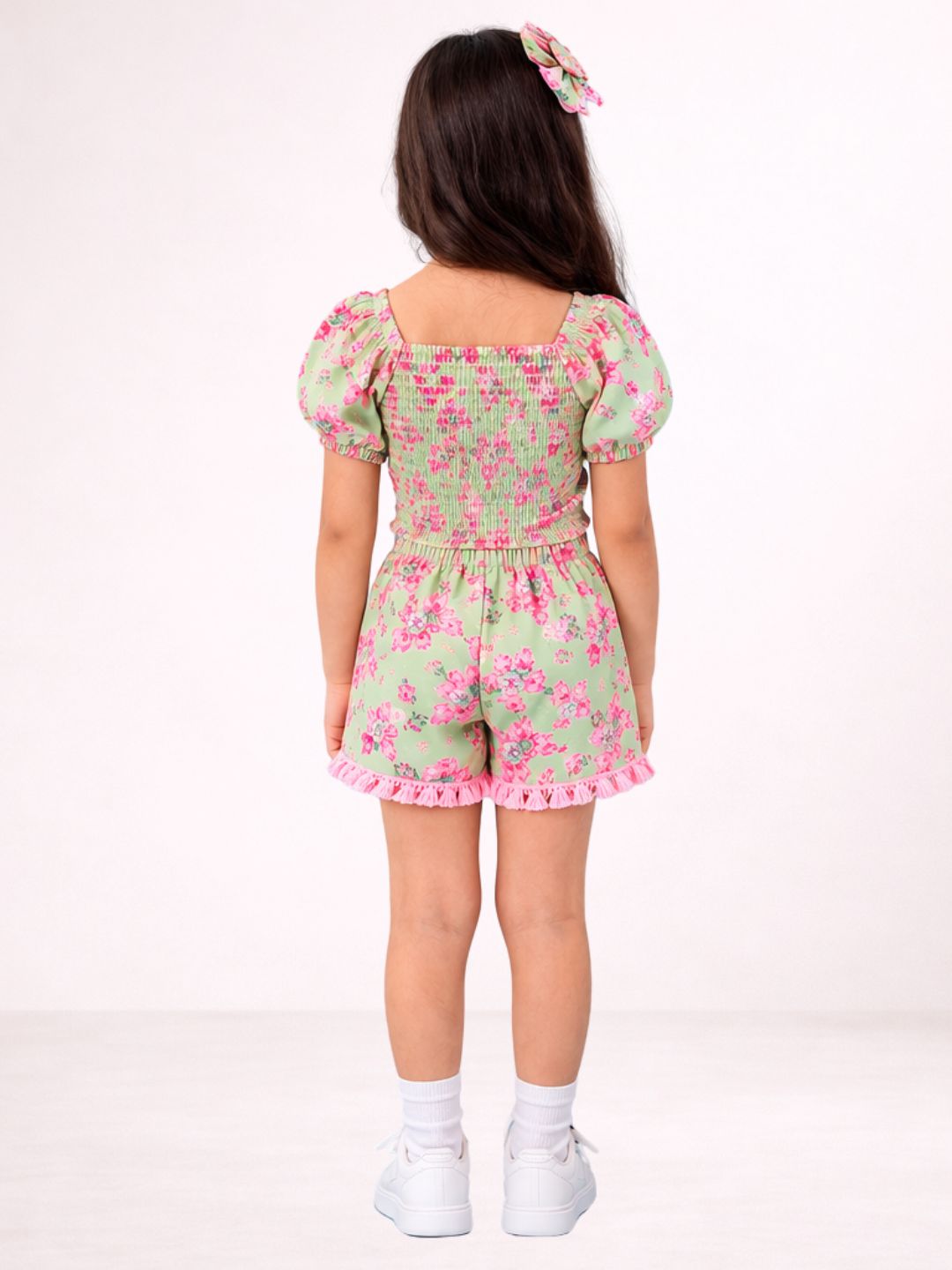 Kids Rayon Printed Puff Sleeve Crop Top With Pant
