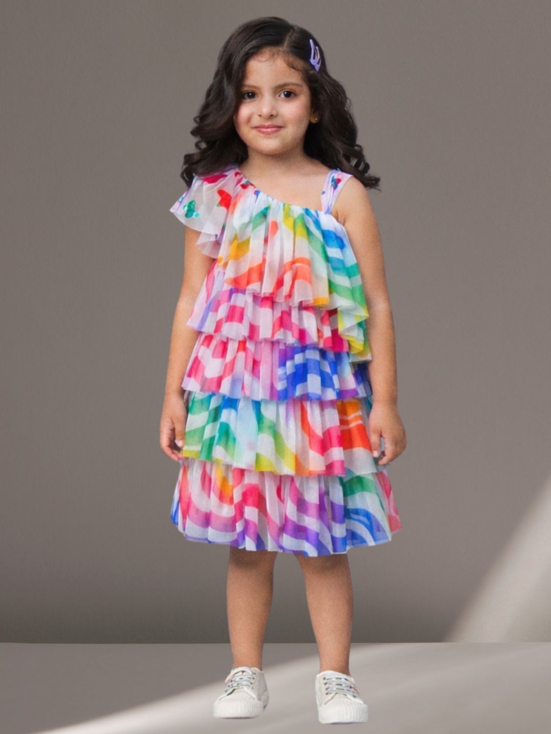 Girls Designer Net 3 Layer Printed Dress