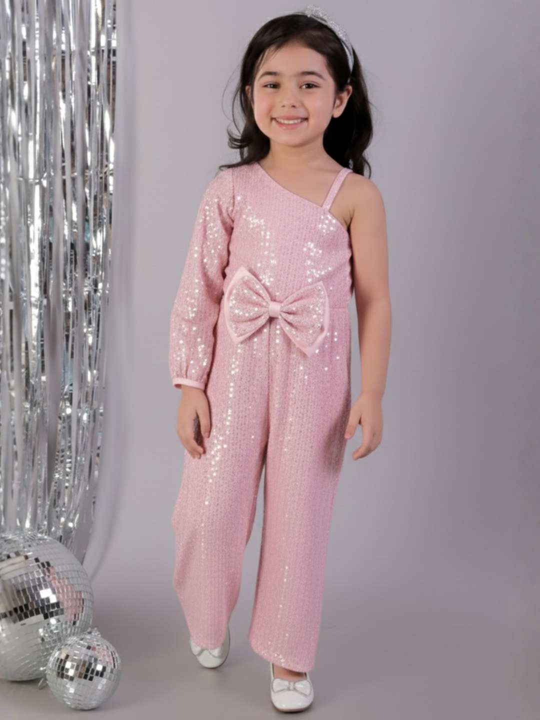 Kids Sequins One Shoulder Full Sleeve 3D Bow Jumpsuit