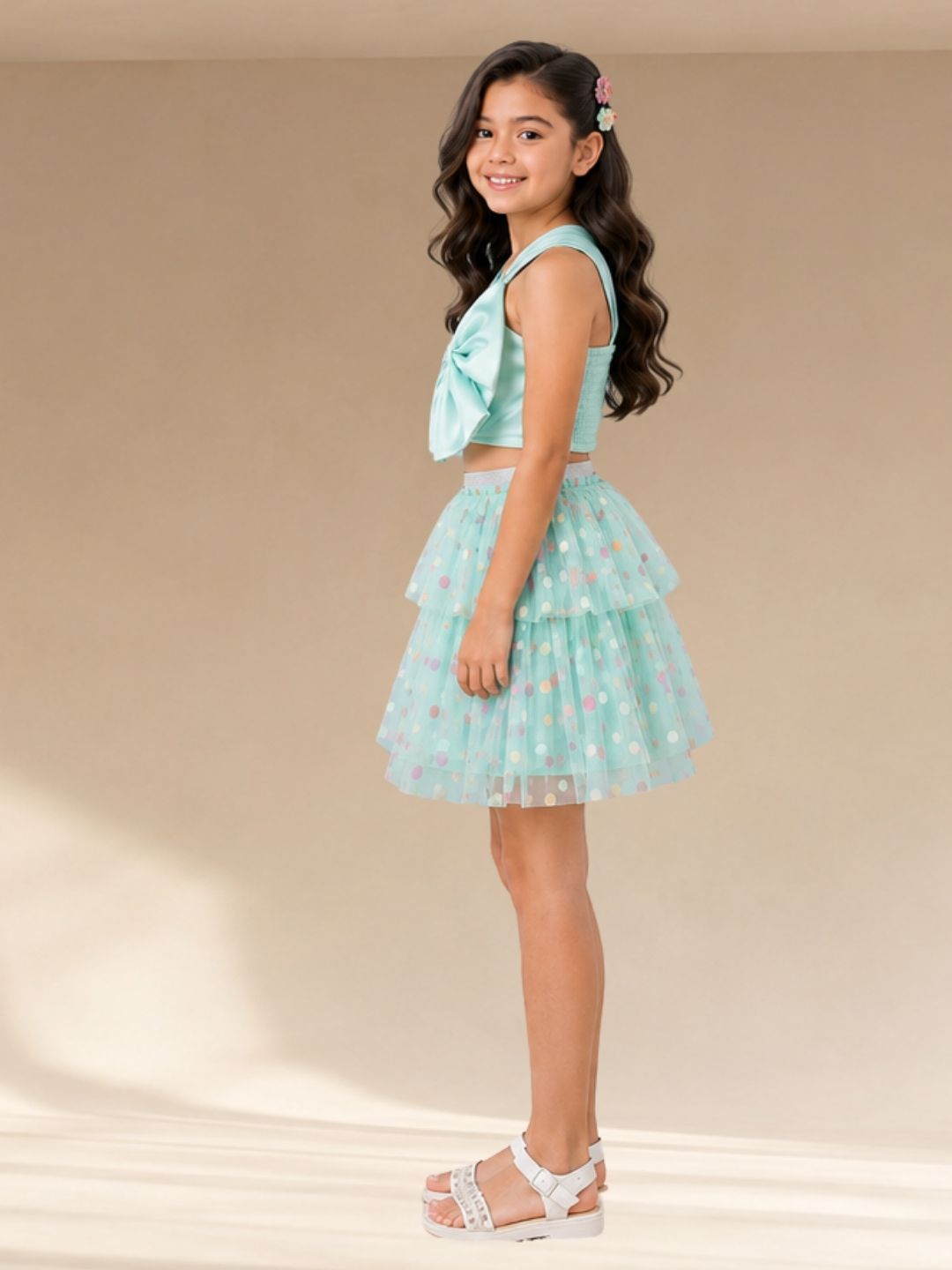 Rainbow Girls Green Stylish Skirt Co-Ord Outfit