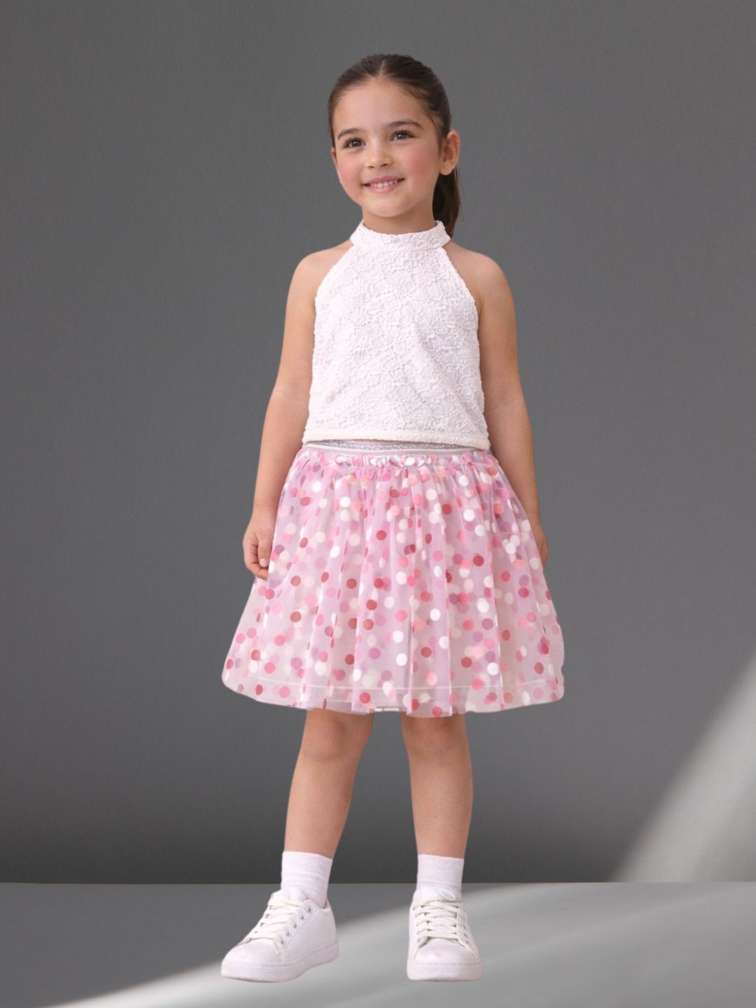 Girls Fur Top With Polka Dot Net Skirt Co-Ord Set