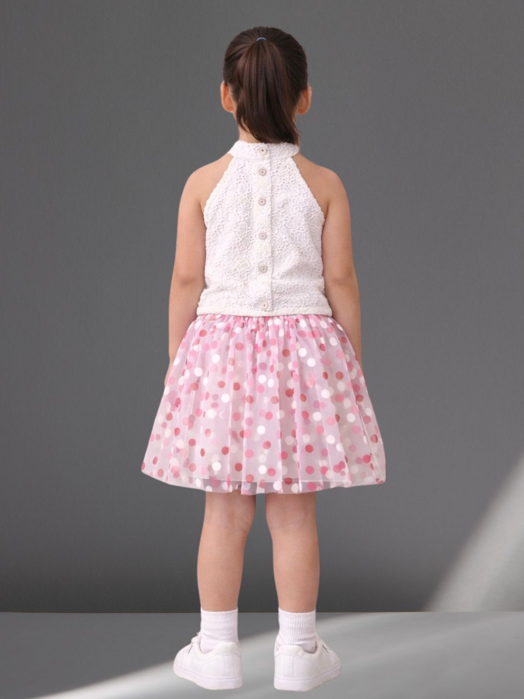 Girls Fur Top With Polka Dot Net Skirt Co-Ord Set