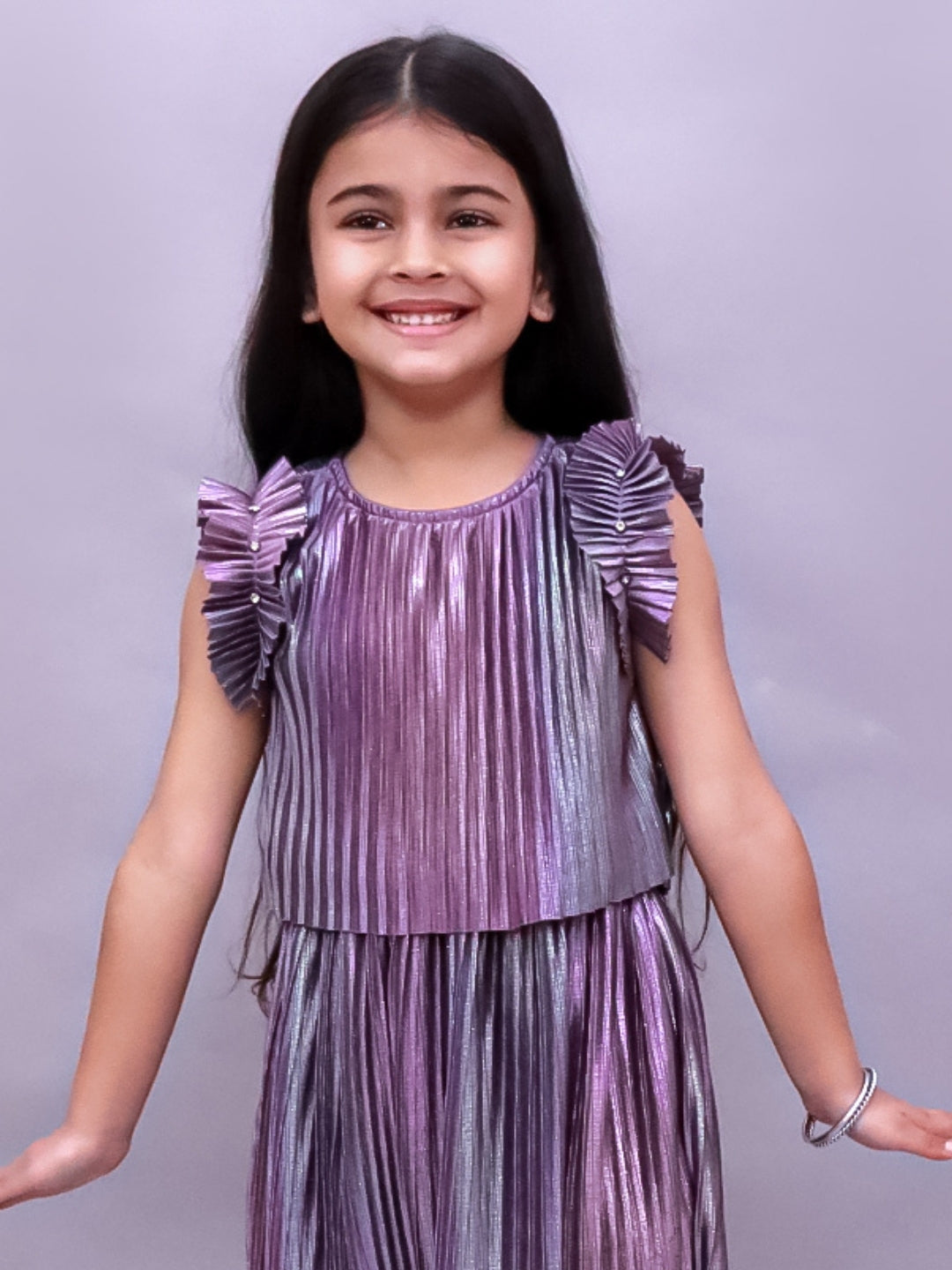 Poly Knit Frill Sleeves Pleated Top For Kids