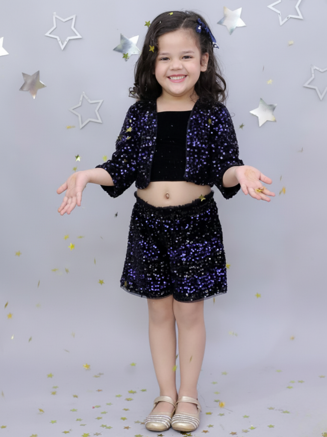Trendy Girls Navy Blue Embellished Jacket Bustier And Shorts Outfit