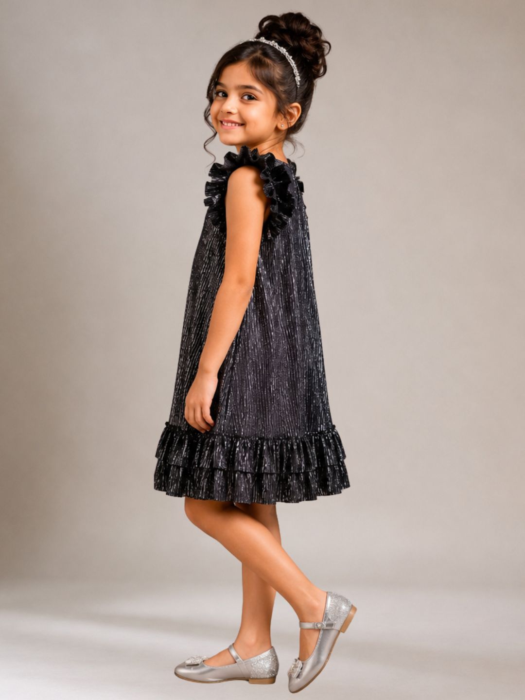 Kids Sleeveless Pleated Poly Knit Dress