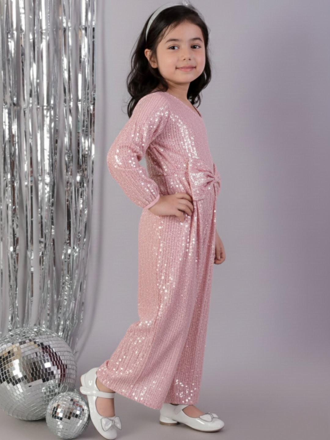 Kids Sequins One Shoulder Full Sleeve 3D Bow Jumpsuit
