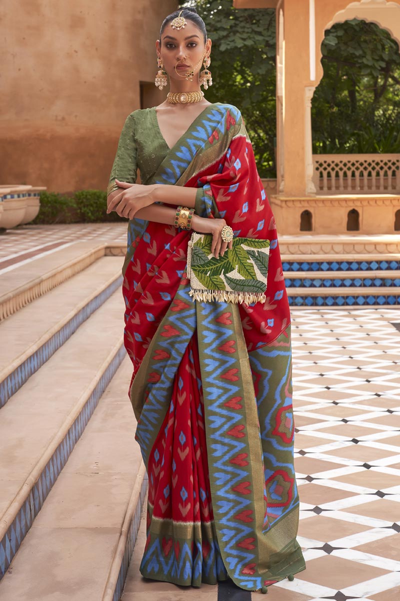 Creative Printed Work On Patola Saree In Red Color Art Silk Fabric