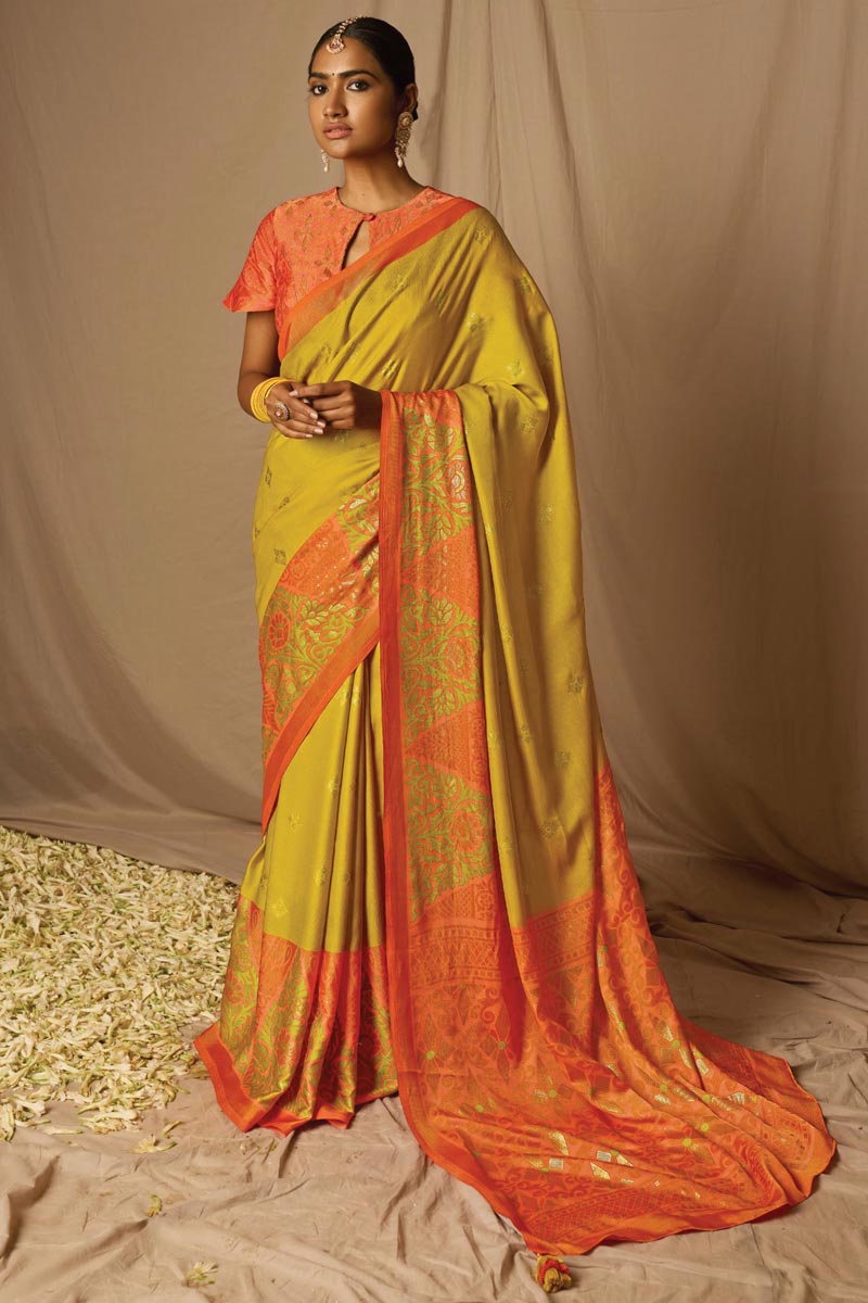 Mustard Weaving Work On Brasso Fabric Fantastic Saree