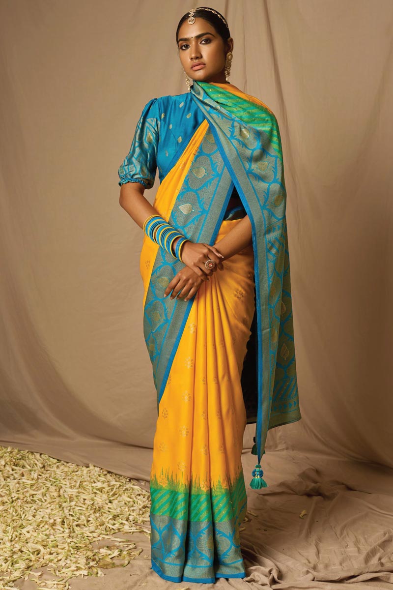 Weaving Work On Brasso Fabric Yellow Gorgeous Saree