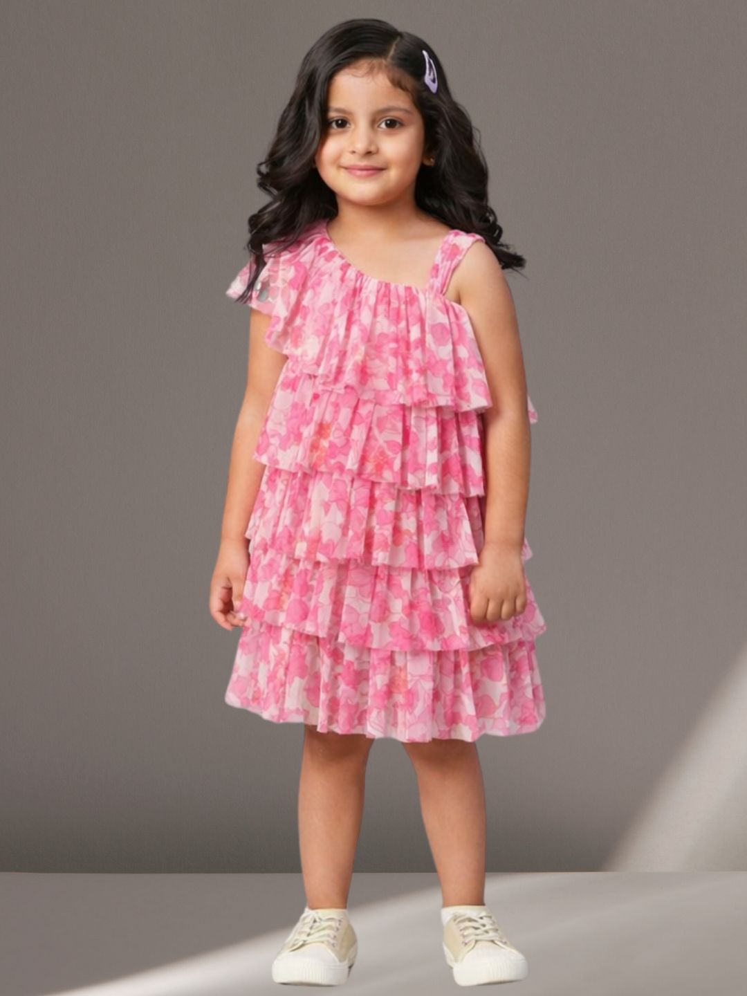 Kids Net Sleeveless 3 Layer Printed Dress