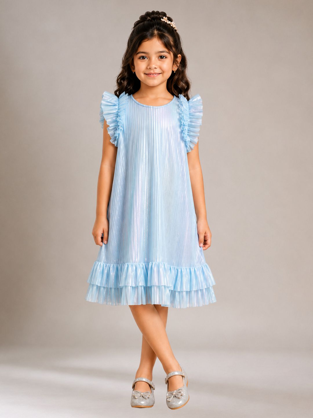 Girls Poly Knit Pleated Solid Party Dress