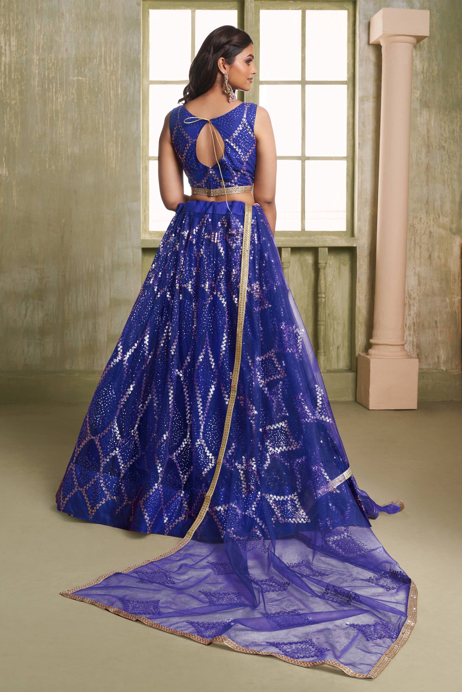 Blue Net Sequins Work Traditional Sangeet Wear Lehenga Choli