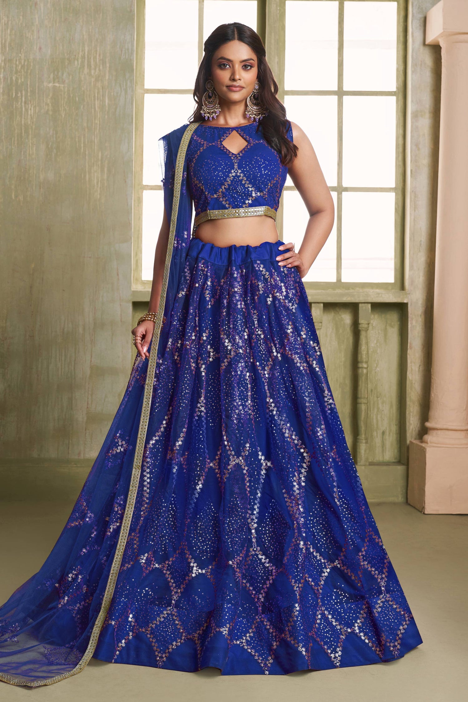 Blue Net Sequins Work Traditional Sangeet Wear Lehenga Choli