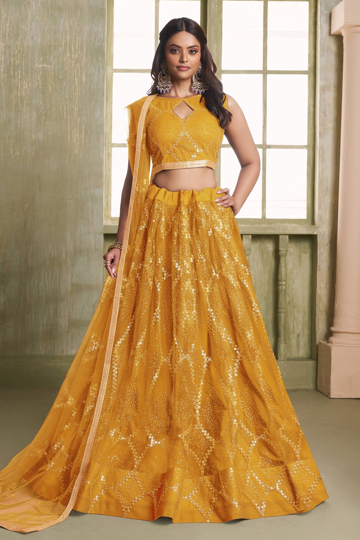 Yellow Net Fabric Sangeet Lehenga Choli For Women