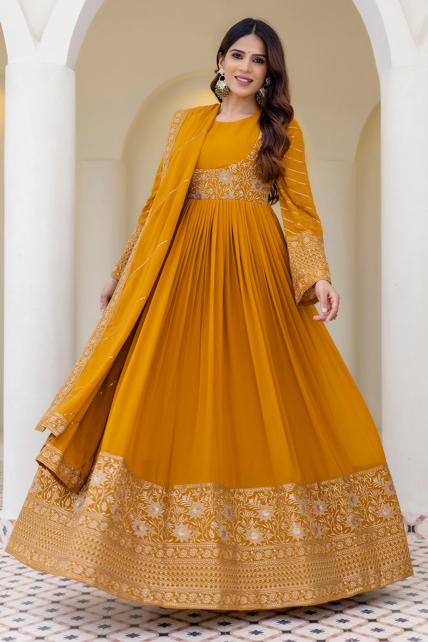 Embroidered Work Readymade Anarkali Gown With Dupatta