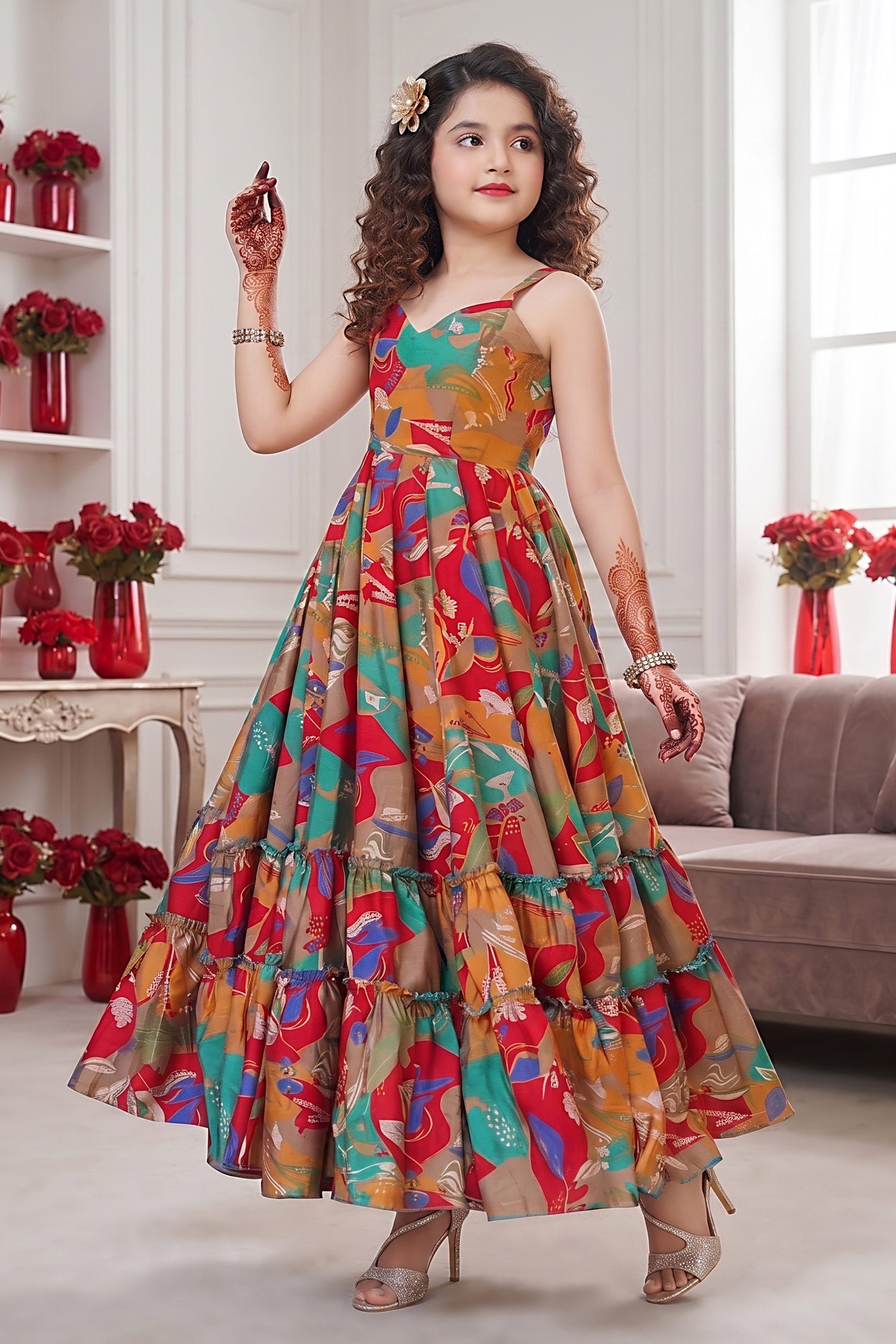 Girls Multi Color Digital Printed Rayon Gown For Festive Wear