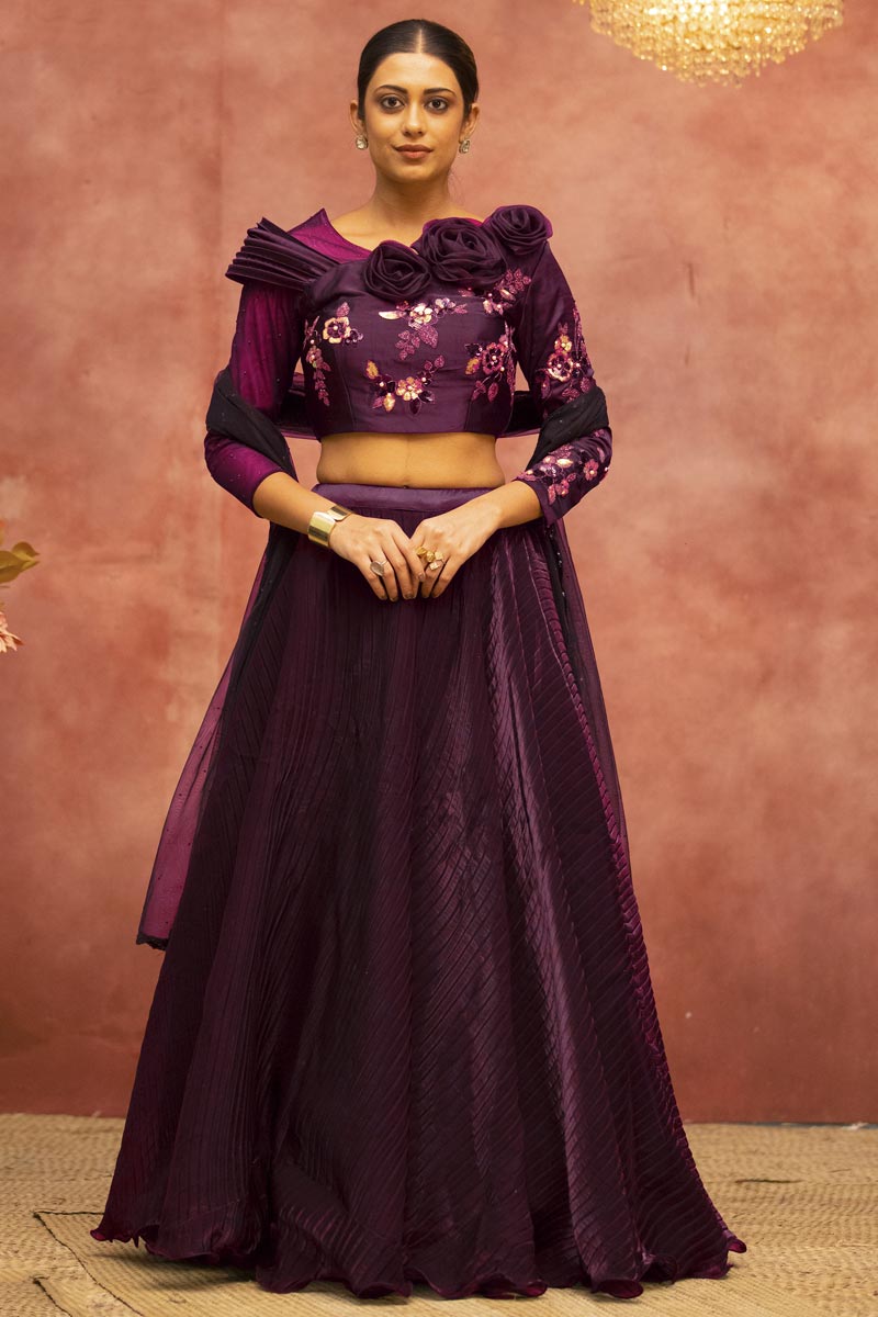 Wine Princely Satin Fabric Wedding Wear Lehenga Choli