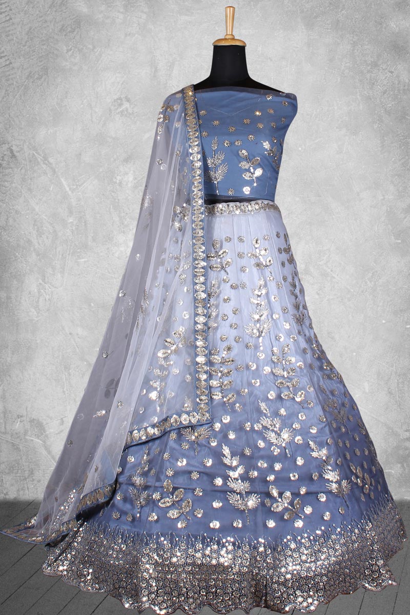 Satin Silk Fabric Grey Ingenious Sequins Work Bridal Lehenga