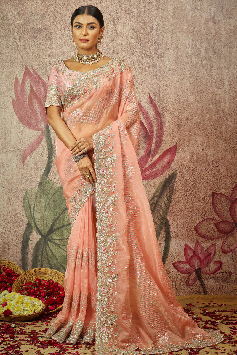Organza Fabric Yellow Color Intricate Sequins Work Saree