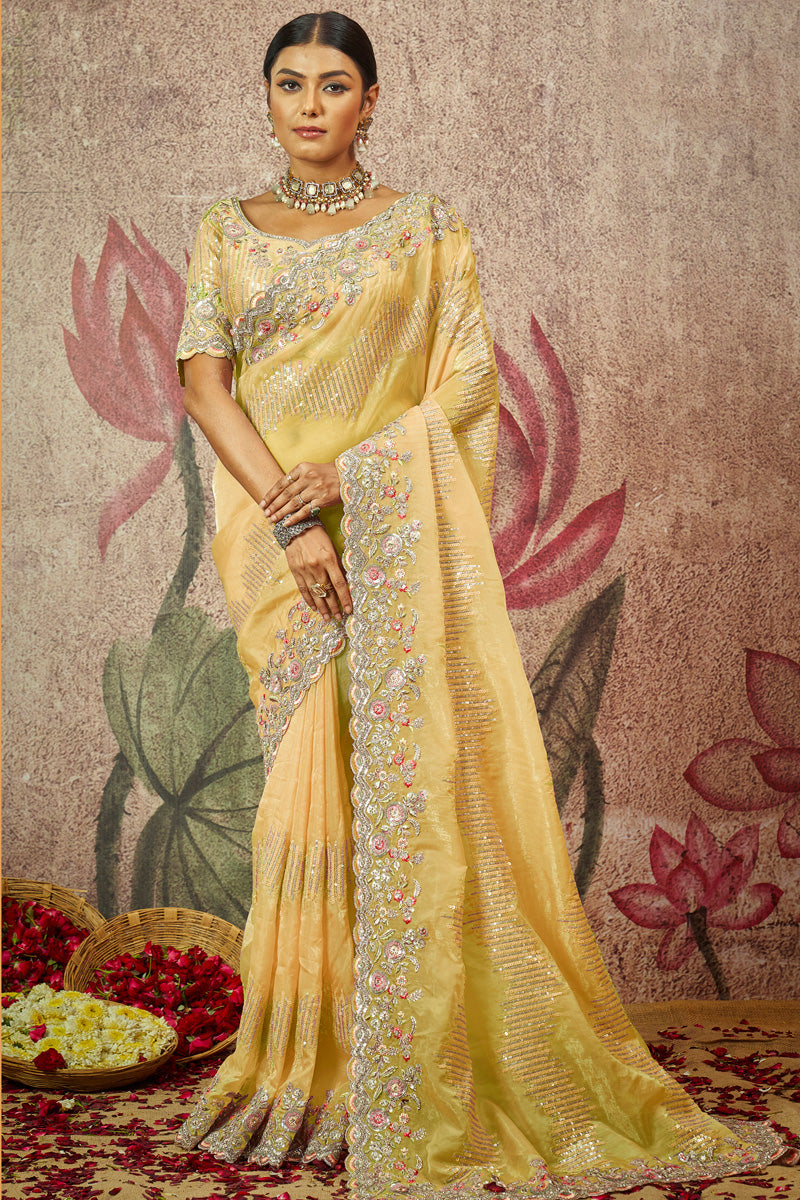 Pink Color Sequins Work On Organza Fabric Superior Saree