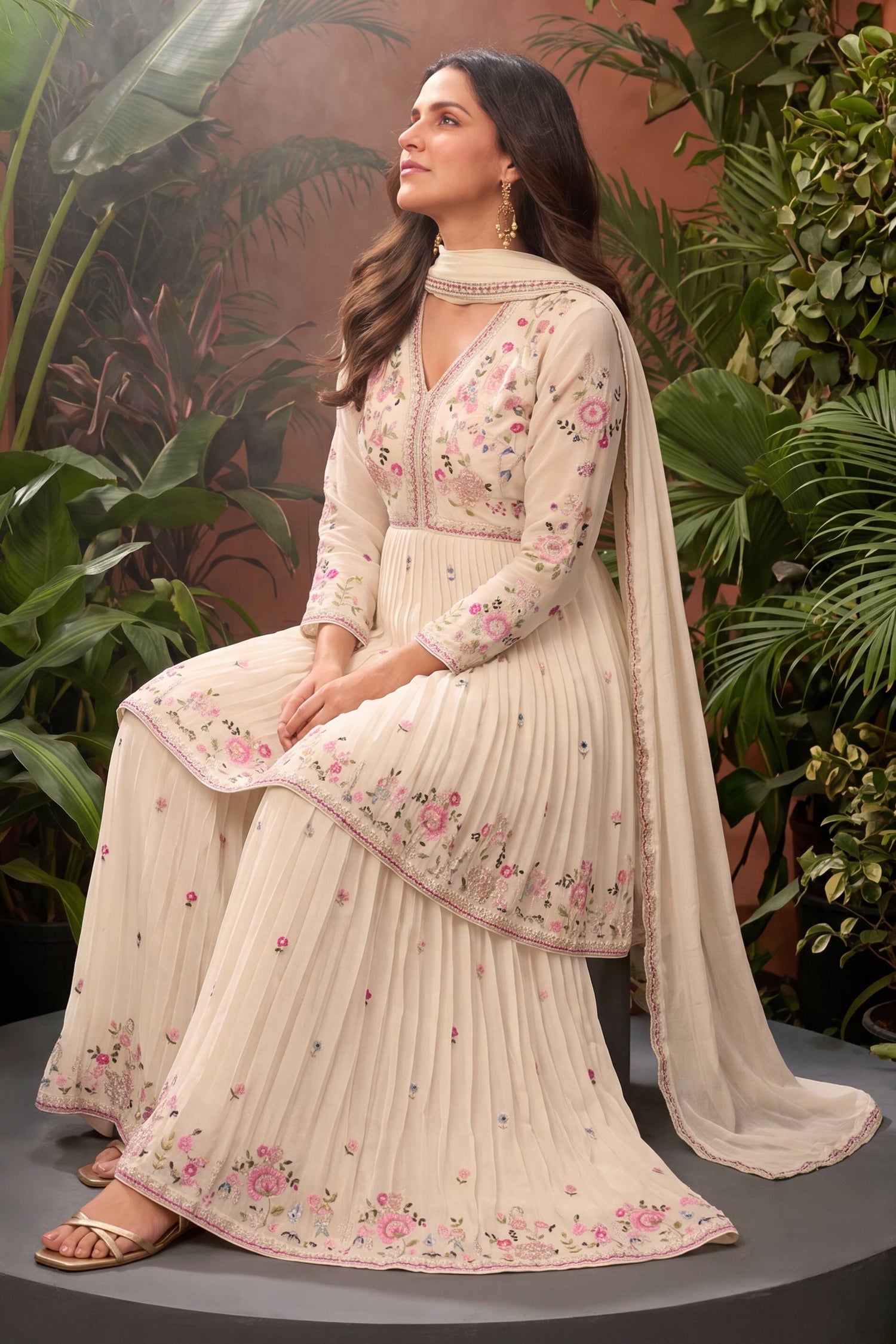 Embroidered Chinon Readymade Palazzo Suit For Womens
