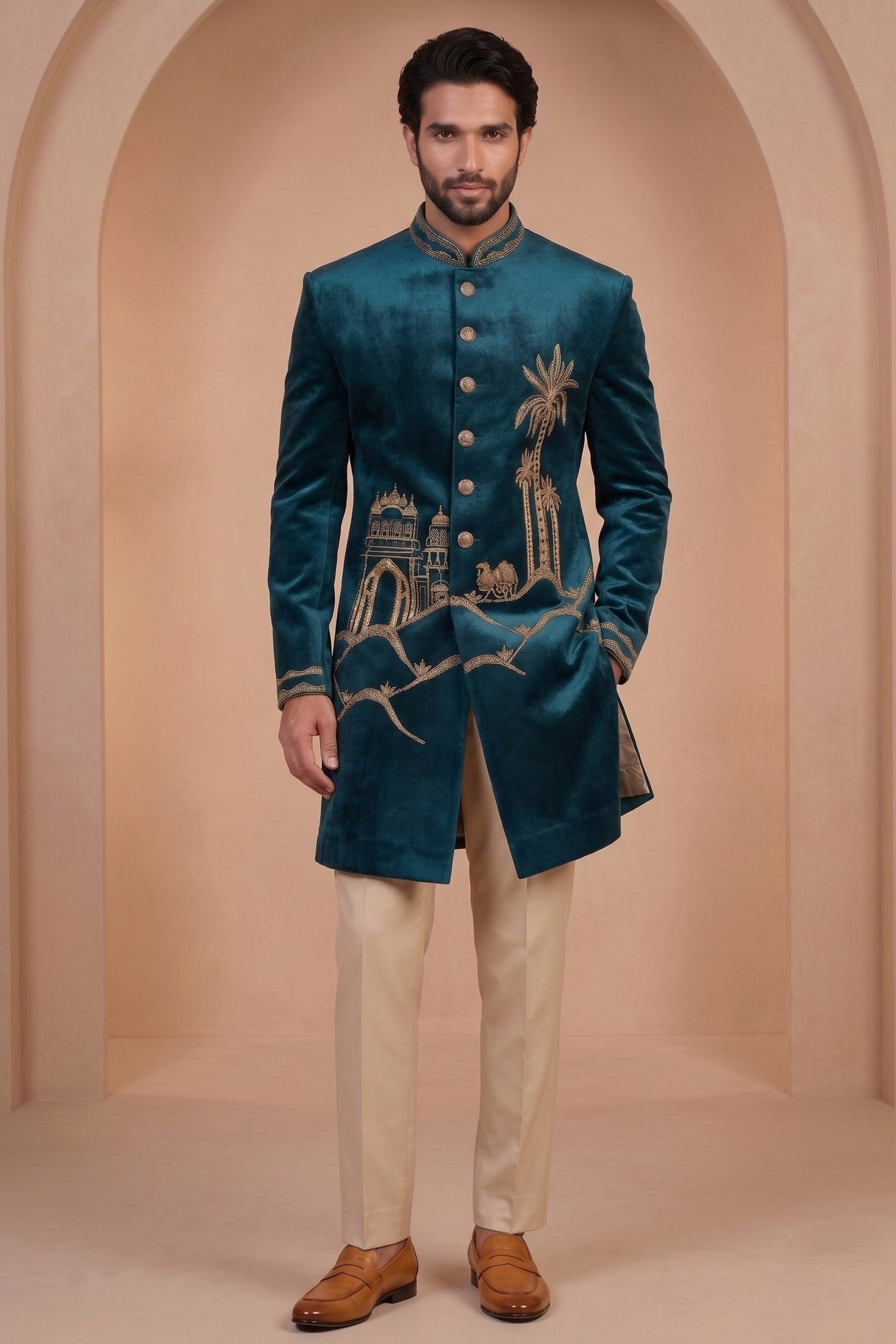 Teal Velvet Graceful Readymade Men Indo Western Jodhpuri Suit