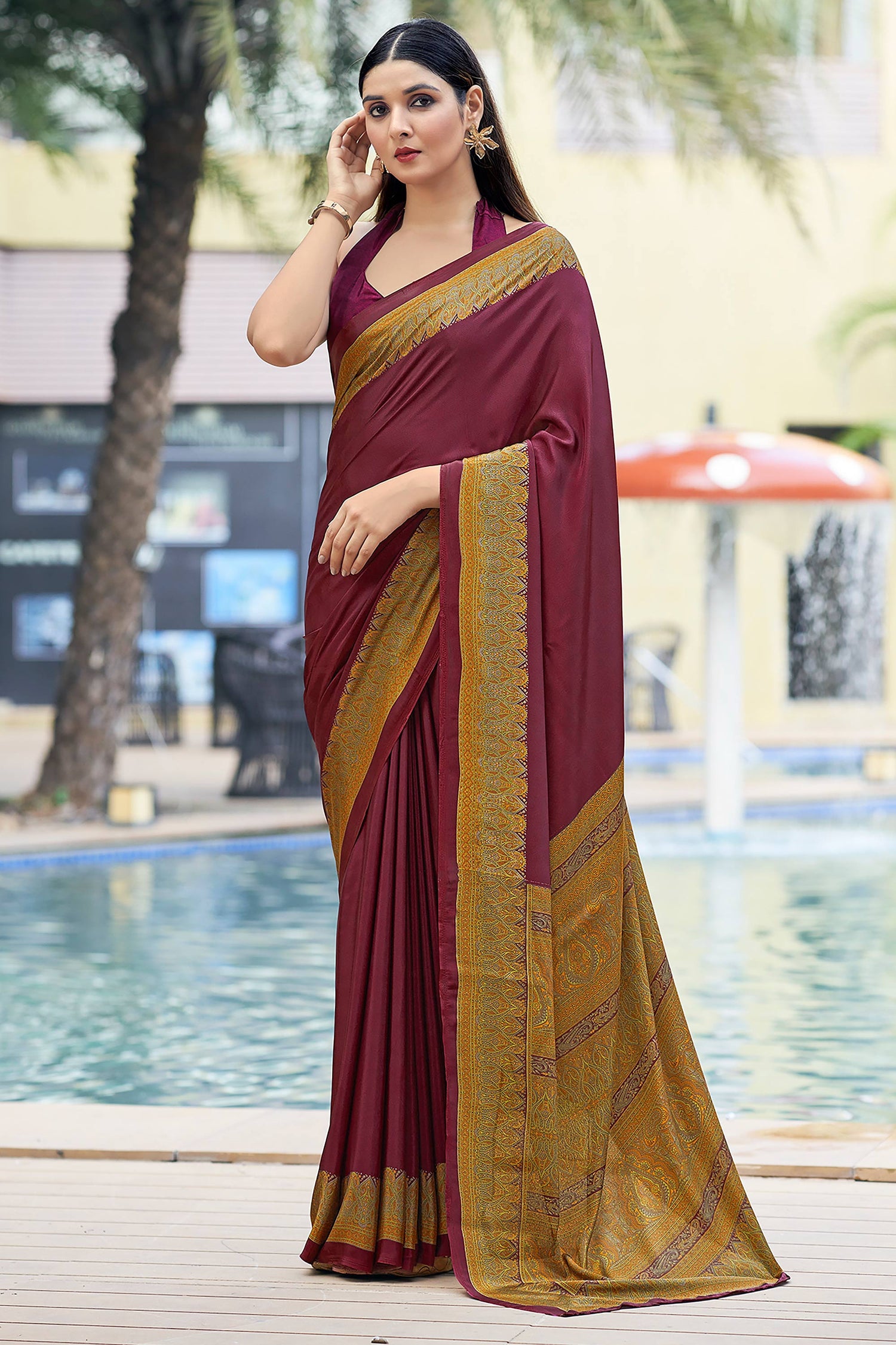 Crepe Silk Designer Wine Saree For Office Wear